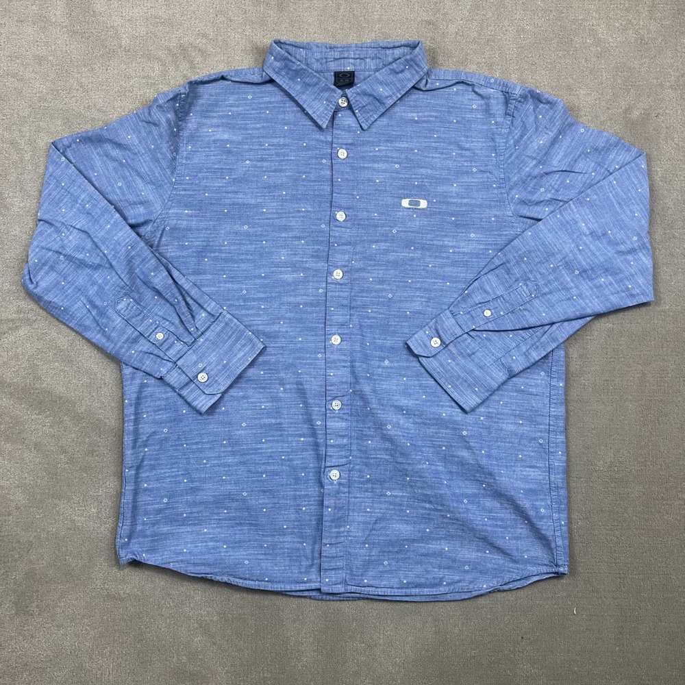 Oakley Shirt Mens XL Blue Long Sleeve Button Down Cotton Micro Dot Print Casual